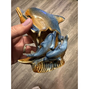 Ceramic Dolphin w/ Cutout Baby Calves Figurine Blue and Rust Color 6" Tall